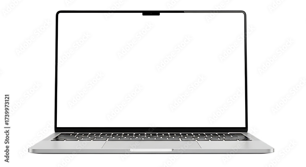 © MstZorina - Modern silver laptop computer with a blank white screen and keyboard isolated on transparent background