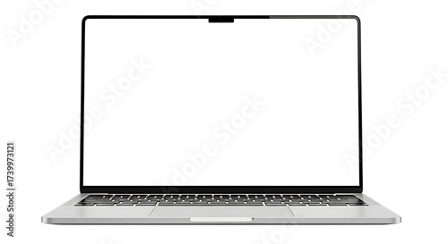 Modern silver laptop computer with a blank white screen and keyboard isolated on transparent background