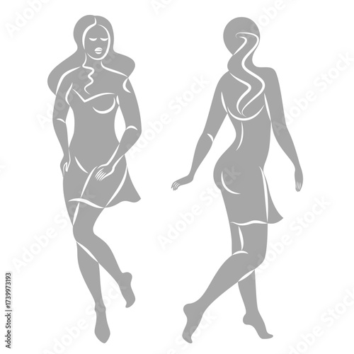Collection. Silhouette of a woman in style. The girl is slim and beautiful. Lady suitable for aesthetic decor, posters, stickers, logo. Vector illustration set.