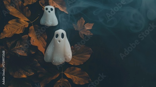 Minimalistic halloween party invitation with white ghosts and fall leaves, copy space