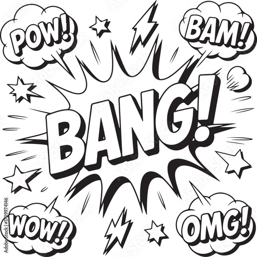 Dynamic bang explosion and sound effect icons for comics and design