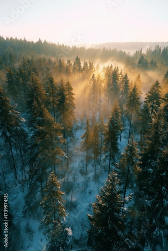 top view, drone footage, aerial landscape snowy forest, tall pine and fir trees covered with snow, sun rays shining through branches, misty winter atmosphere