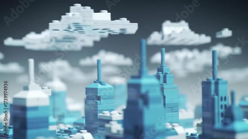 A miniature city skyline constructed from translucent blue and white toy bricks under a blocky, pixelated sky.
