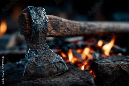 A large axe is sitting on a pile of wood