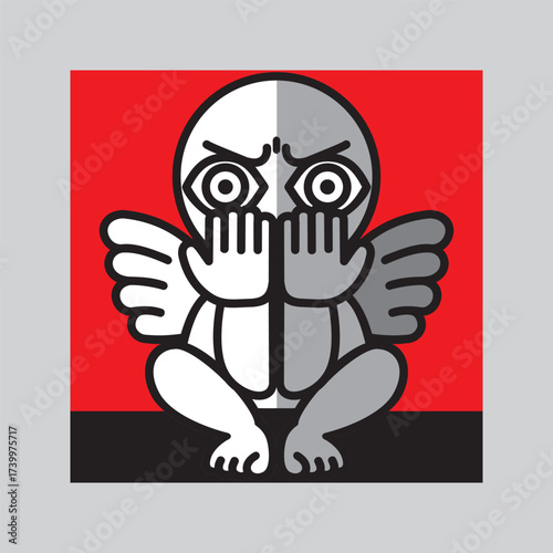 A man with wings experiences shame, guilt and remorse. Concepts of burnout, stress and depression. Vector illustration.