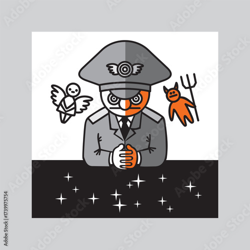 Man in a military uniform listens to Still Small Voice of Conscience. Traditional images of an angel and a demon symbolize big internal struggle between good and evil. Vector graphic illustration.