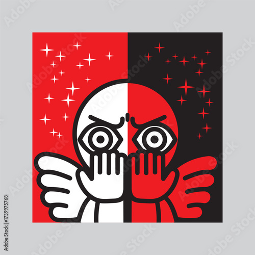 A man with wings experiences shame, guilt and remorse. Concepts of burnout, stress and depression. Vector illustration.