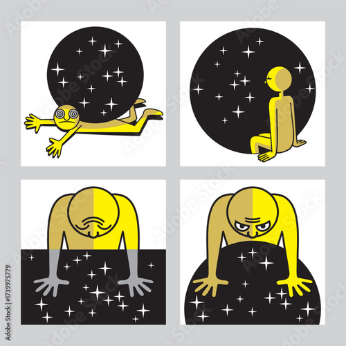 Mental health, feelings and emotions. Psychological concept of burnout; stress, depression. Connection between man and Universe. Vector illustration, graphic image, drawing.