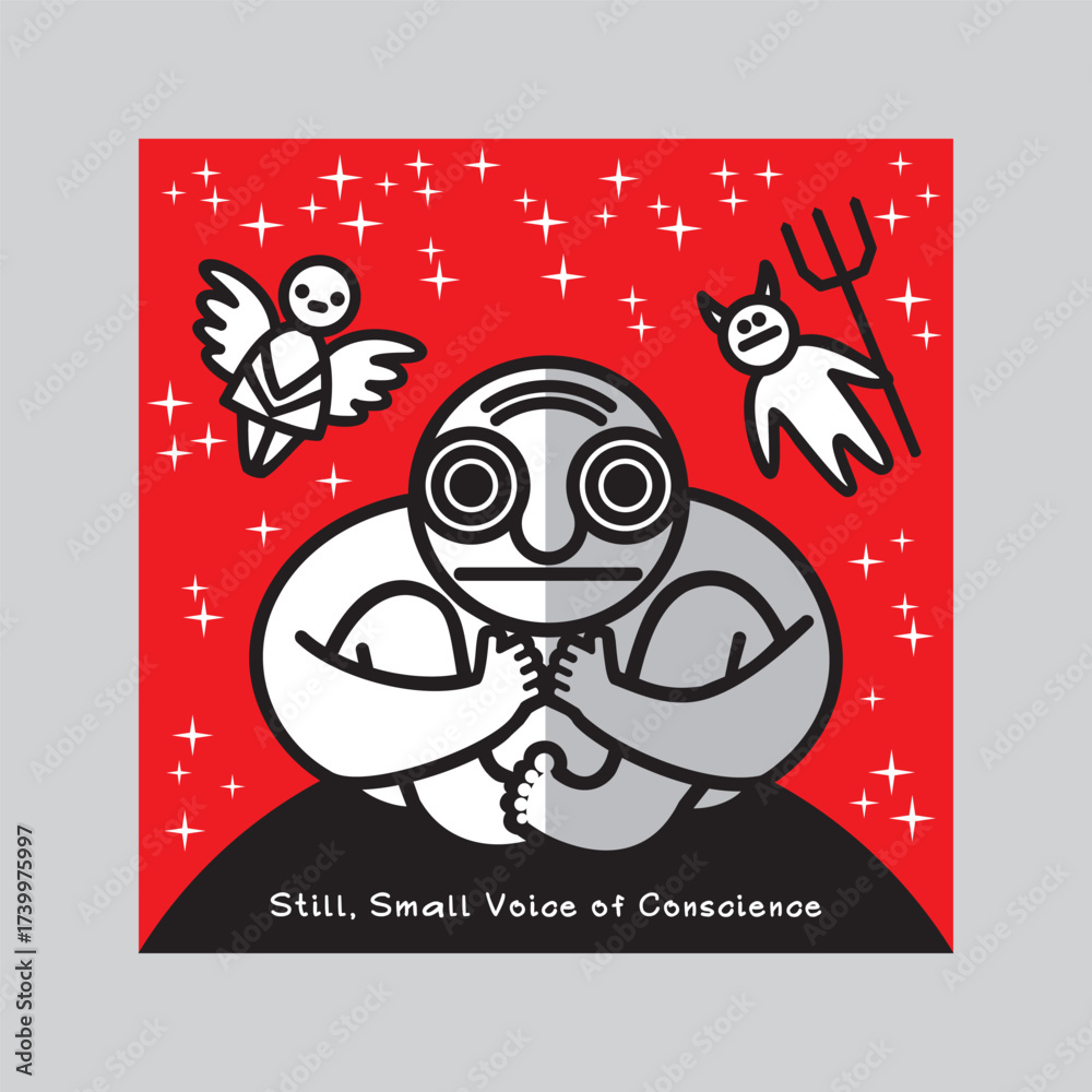 Fototapeta premium One person listens to Still, Small Voice of Conscience. Traditional images of an angel and a demon symbolize big internal struggle between good and evil. Vector illustration.