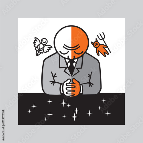 One man in a suit listens to Still Small Voice of Conscience. Traditional images of an angel and a demon symbolize big internal struggle between good and evil. Vector graphic illustration.