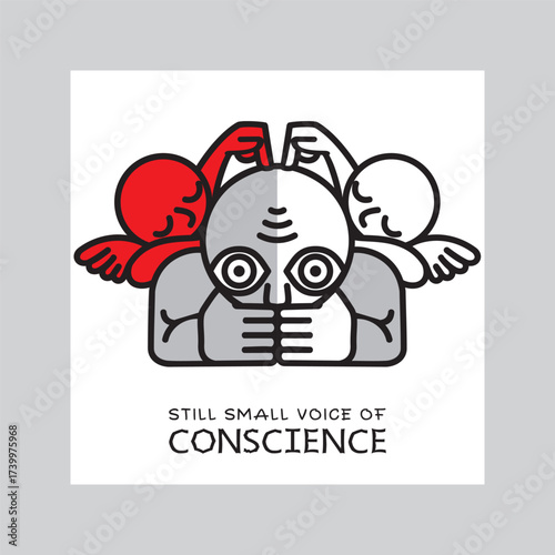 One person listens to Still, Small Voice of Conscience. Traditional  images of an angel and a demon symbolize big internal struggle between good and evil. Vector illustration.