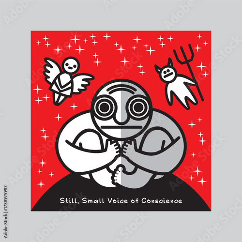 One person listens to Still, Small Voice of Conscience. Traditional  images of an angel and a demon symbolize big internal struggle between good and evil. Vector illustration.