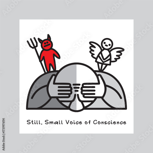 One person listens to Still, Small Voice of Conscience. Traditional  images of an angel and a demon symbolize big internal struggle between good and evil. Vector illustration.