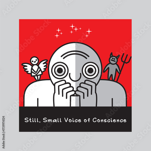 One person listens to Still, Small Voice of Conscience. Traditional  images of an angel and a demon symbolize big internal struggle between good and evil. Vector illustration.
