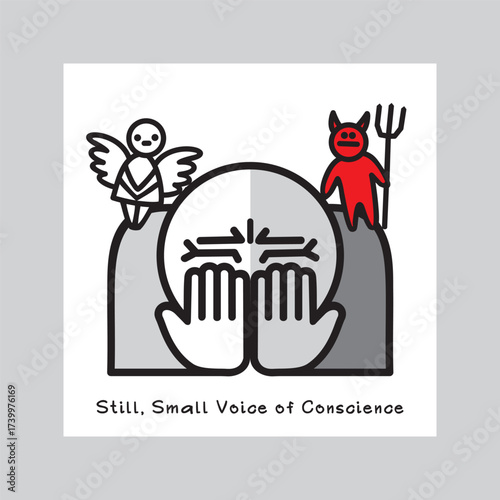 One person listens to Still, Small Voice of Conscience. Traditional  images of an angel and a demon symbolize big internal struggle between good and evil. Vector illustration.