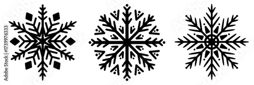 Set of snowflakes created as simple winter icons. Symmetrical frozen crystals in vector illustration, decorative seasonal ornaments and abstract frosty shapes.