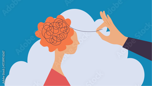 Psychotherapy or Psychology concept. Helping hand unravels the tangle of thoughts of a woman with mental disorder, anxiety and confusion mind