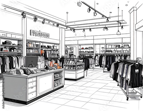 Retail Store Interior Design Sketch with Clothing Display and Lighting.