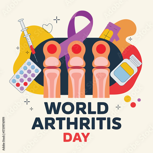 Vector art of world arthritis day illustration with joint icons, syringe, pills, and purple ribbon