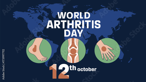 Vector art of world arthritis day on october 12th, illustrated with joint pain icons and a world map background, raising awareness for the global health condition