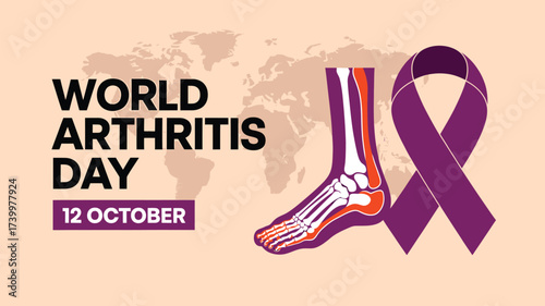 Vector art of world arthritis day on october 12, depicted with a skeletal foot illustration, a purple ribbon, and text against a world map backdrop