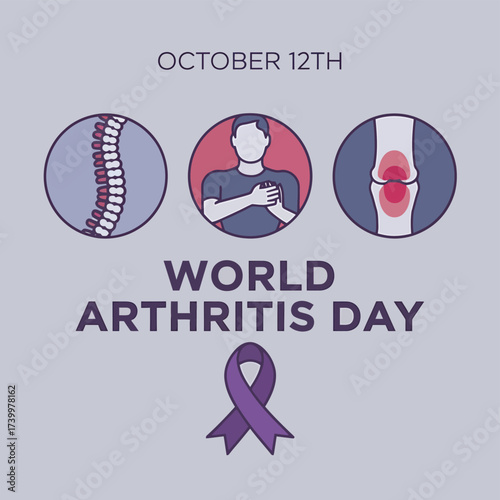 Vector art of world arthritis day on october 12th, illustrating joint pain, a person holding chest, and spine with a purple ribbon