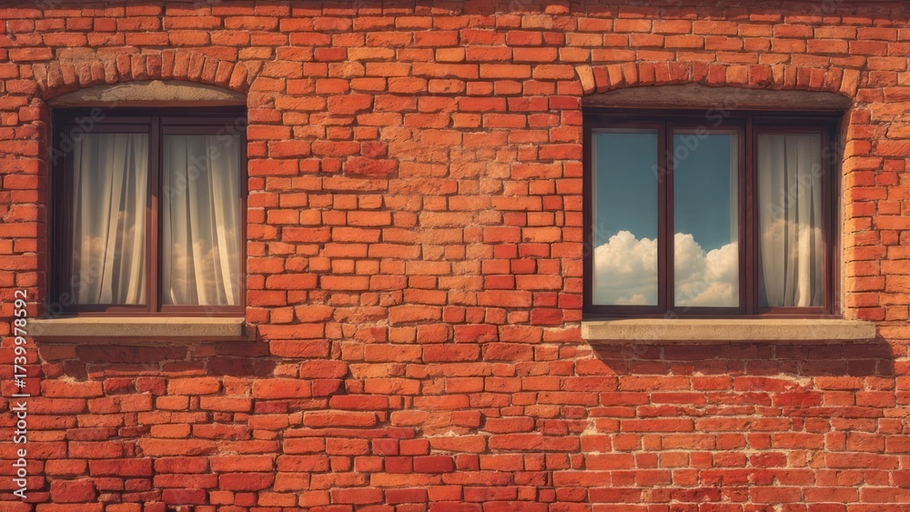 Fototapeta premium Two arched windows with curtains and cloud reflections in a weathered brick wall