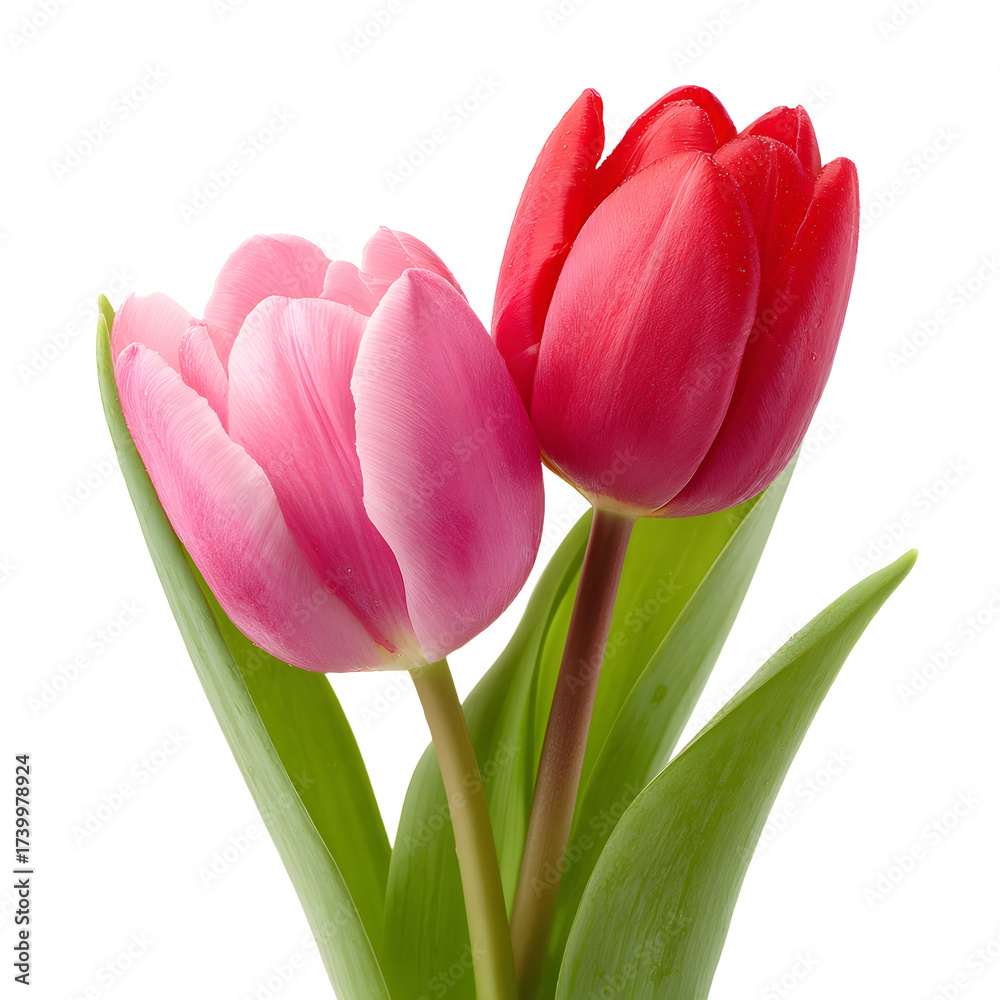 Naklejka premium Vibrant Pink and Red Tulips in Isolation on White Background