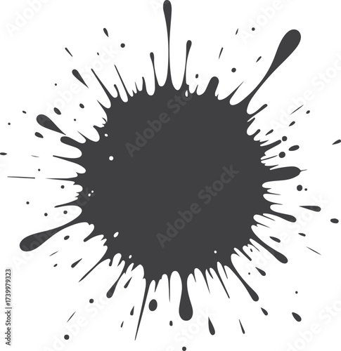  Bold black ink splatter forms a circular burst on a clean white canvas, evoking chaos and creativity. Ideal for abstract art, design accents, and dramatic visual impact.