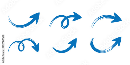 Blue curved vector arrows set with swirl and loop design, hand drawn sketch style isolated on white background
