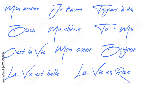 Romantic french words of affection and greetings in elegant calligraphy. Mon amour, Ma cherie, Je t'aime and other popular phrases. Hand drawn lettering set isolated on white background. 
