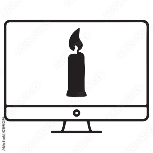 Candle Flame Silhouette on Computer Monitor Digital Light and Memorial Icon