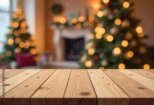 Wooden surface in the foreground with a soft, blurry Christmas-themed background of lights and decorated trees, used for product display