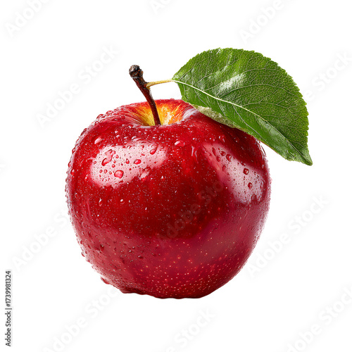 Fresh Vibrant Red Apple with Green Leaf and Stem on Table