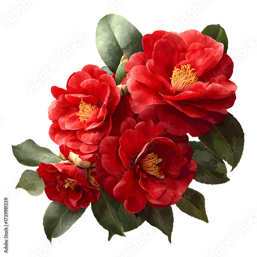 Vibrant Red Camellia Flowers with Glossy Green Leaves on White Background