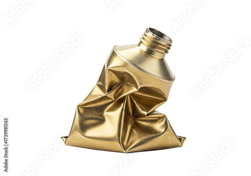 Crushed golden paint tube isolated on white, empty metal container for art supplies