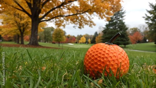 A vibrant orange golf ball designed as a pumpkin is positioned on lush green grass. Autumn trees