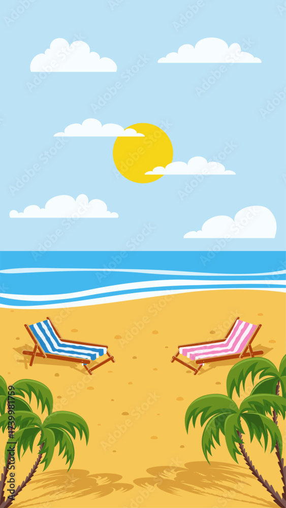 Obraz premium Summer beach scene with deck chairs palm trees and ocean waves. Tropical vacation social media story template with sun and blue sky background