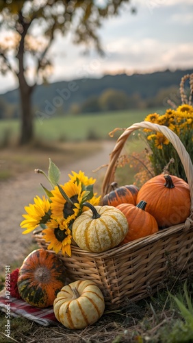 Basket with pumpkins and sunflowers on blurred nature background. Autumn harvest season. Organic