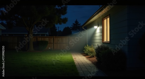 Suburban yard with motion sensor light turning on house facade softly illuminated