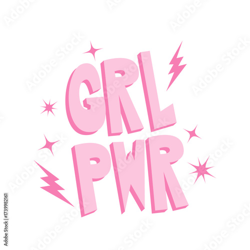 Girl power inscription handwritten with bright pink vivid font. GRL PWR hand lettering. Feminist slogan, phrase or quote
