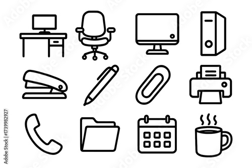 Outline office essentials collection: tech, organization, and productivity icons