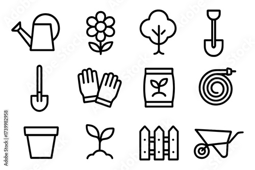 Minimalist gardening icons set featuring tools and plants for horticulture enthusiasts