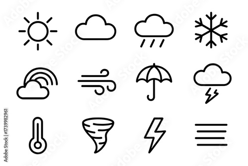 Minimalist weather icons set: sun, cloud, rain, snow, wind, umbrella, lightning, tornado