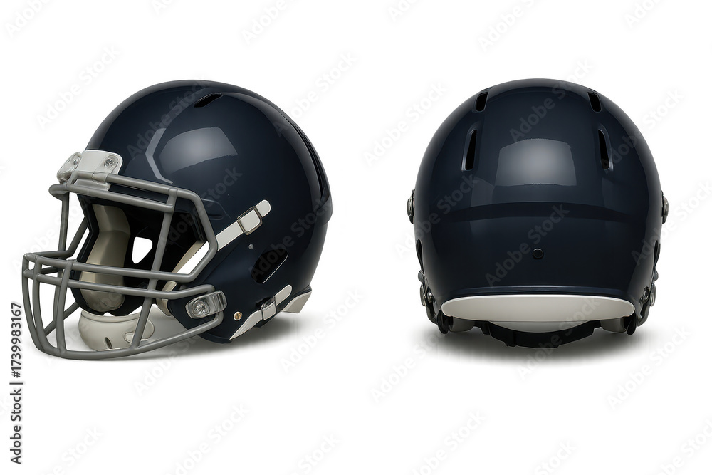 Fototapeta premium Two views of a dark blue football helmet isolated on transparent background
