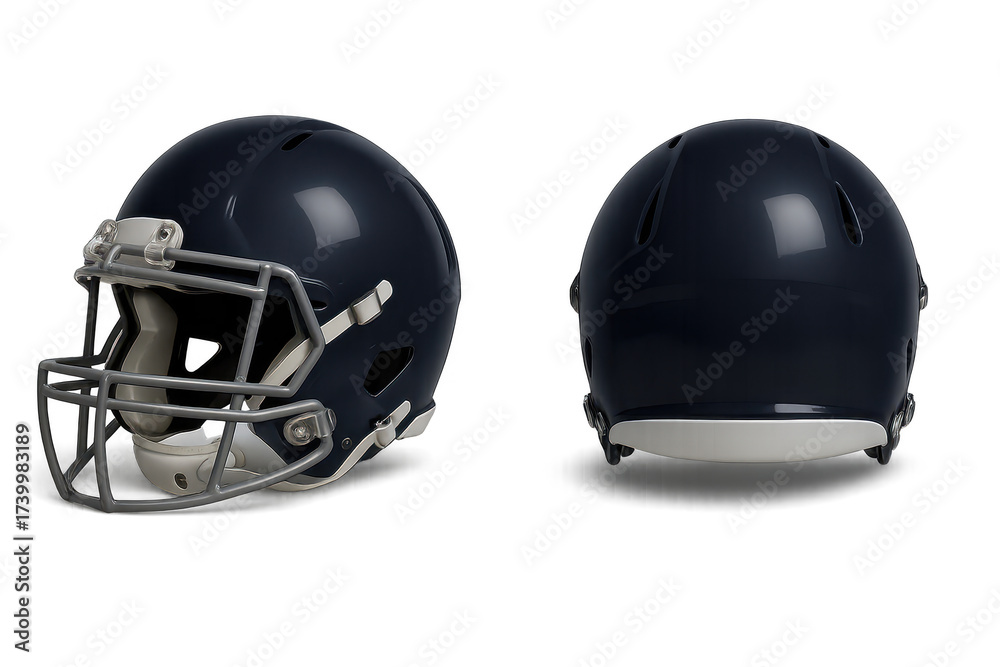 Fototapeta premium Dark blue football helmet isolated on transparent background, front and back