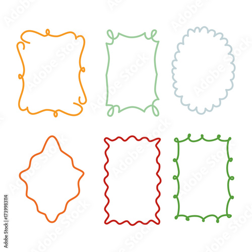 Frames in modern doodle scribble style. Cute line border ornaments, decorations. Curly decorative contour patterns.