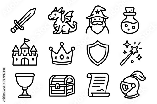 Fantasy elements set: wizardry, mythical creatures, and medieval symbols in line art