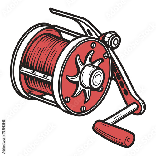 Vector art of fishing reel with line, a device used in angling to wind and store fishing line, essential for casting and retrieving bait or lures in recreational fishing