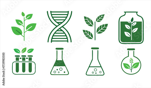 Plant Science and Green Biotechnology Vector Icon Set with DNA Helix and Laboratory Research Symbols for AgriTech
